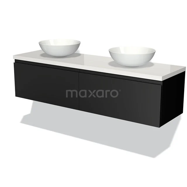 Badmöbel für Aufsatzwaschbecken 160cm Modulo Plato Matt Schwarz 2 Schubladen Grifflos Hochglanz Weiß Platte BMK12-00935 Schwarzes Holz-Waschtisch mit weißer Platte und doppelten runden Aufsatzwaschbecken, modernes Design für ein stilvolles Badezimmer.