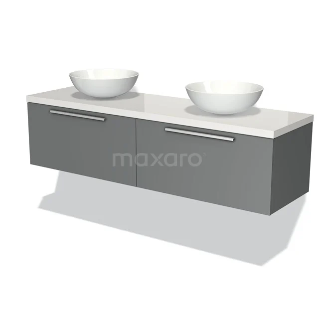 Modulo Plato Badmöbel mit Aufsatzwaschbecken | 160 cm Mittelgrau Flach front Hochglanz Weiß blatt 2 nebeneinanderliegende Schubladen BMK12-00951 Graue schwebende Badmöbelset mit zwei weißen schalenförmigen Waschbecken und chromfarbenen Griffen, modernes Design.