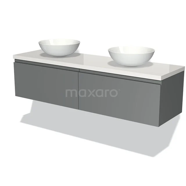 Modulo Plato Badmöbel mit Aufsatzwaschbecken | 160 cm Mittelgrau Grifflos front Hochglanz Weiß blatt 2 nebeneinanderliegende Schubladen BMK12-00953 Graue schwebende Badmöbelset mit doppelten Aufsatzwaschbecken und weißer Platte, modernes Design für stilvolle Badezimmergestaltung.