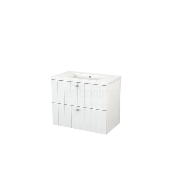 White bathroom unit with ceramic vanity units with basin, vertical ridges on drawers and metal handles; stylish and modern design.