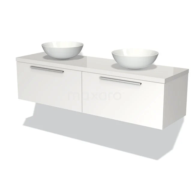 Waschtischunterschrank mit Konsole 160cm Modulo Plato Matt Weiß 2 Schubladen Flach Hochglanz Weiß Platte BMK12-00984 Weiße hängende Badmöbelset mit zwei Aufsatzwaschbecken, schlichten Griffen und minimalistischem Design für moderne Bäder.