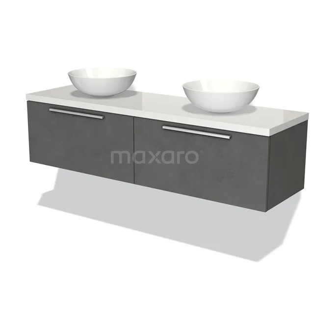 Graues hängendes Badezimmermöbel mit Doppelwaschbecken, weißen keramischen Schalen und modernen Haltegriffen.