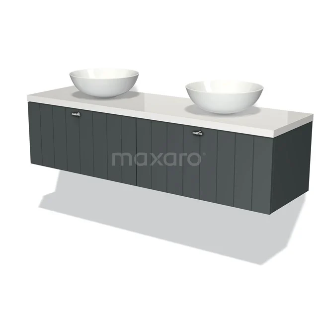 Badmöbel für Waschtischunterschrank mit Konsole 160cm Modulo Plato Dunkelgrau 2 Schubladen Lamelle Hochglanz Weiß Platte BMK12-01003 Dunkelgraue Holz-Badmöbelset mit Doppelwaschbecken, weißer Keramik und modernem, klarem Design für stilvolle Bäder.