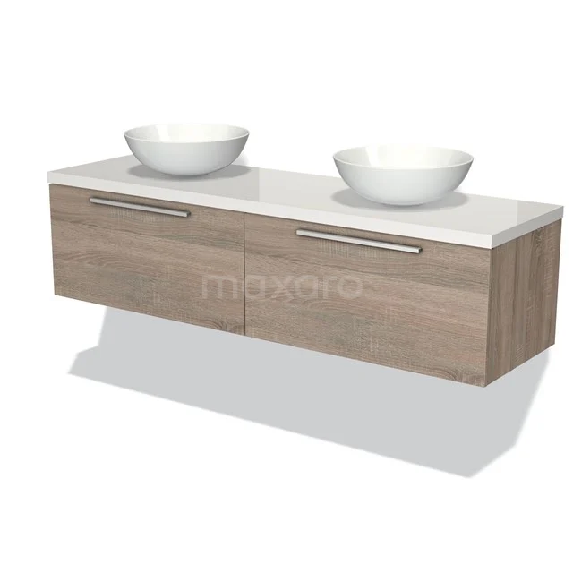 Holz Badezimmermöbel mit zwei weißen runden Aufsatzwaschbecken, Wandmodell, natürliche Holzoptik, modernes Design.