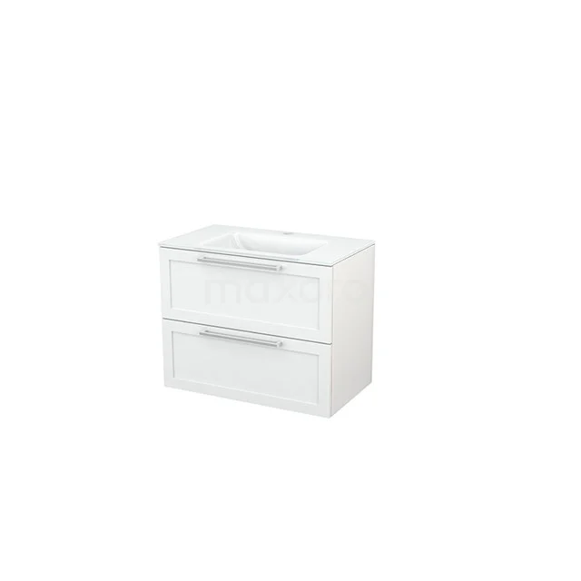 White bathroom unit with two drawers, sleek design, glossy finish; ideal for modern bathrooms with storage space.