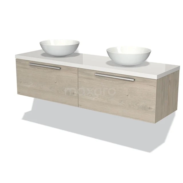 Holz Badezimmermöbel mit zwei weißen Aufsatzwaschbecken und Schubladen, modernes Design, ideal für ein stilvolles und funktionales Badezimmer.