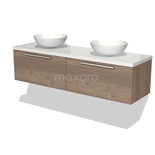 Holz Badezimmermöbel mit zwei weißen Aufsatzwaschbecken, schlichtes Design und metallischen Griffen, perfekt für einen modernen Badezimmer Stil.