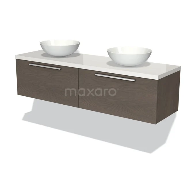 Zweites Waschbeckenmöbel in Holzoptik mit weißer Oberseite und modernen Designwaschbecken, perfekt für ein stilvolles Badezimmer.