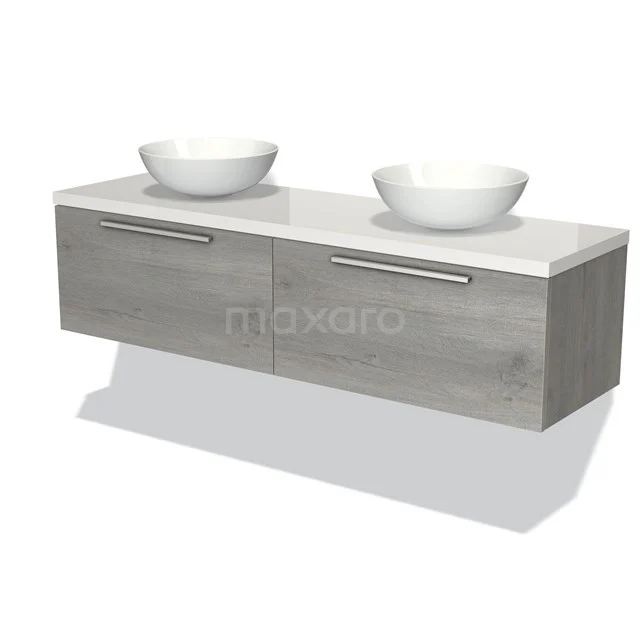 Holz Badezimmermöbel mit hellgrauer Oberfläche, doppelten Schubladen und weißen Aufsatzwaschbecken, modernes Design.