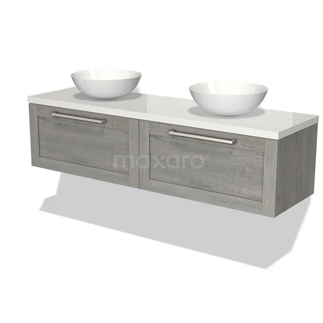 Grey wooden double vanity unit with white ceramic countertop wash basins, ideal for a modern bathroom design.
