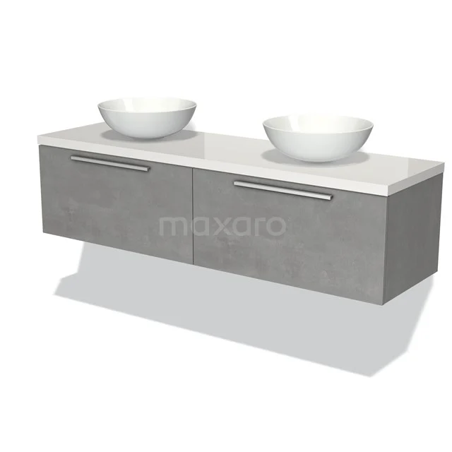 Badmöbel für Waschtischunterschrank mit Konsole 160cm Modulo Plato hellgrauer Beton 2 Schubladen Flach Hochglanz Weiß Platte BMK12-01100 Doppelwaschbeckenmöbel, Grau Betonlook, mit weißen Aufsatzschalen; modernes Badezimmerdesign mit hochwertiger Verarbeitung.