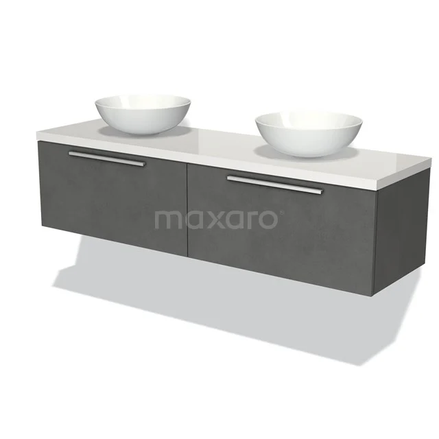 Modulo Plato Badmöbel mit Aufsatzwaschbecken | 160 cm Dunkelgrauer Beton Flach front Hochglanz Weiß blatt 2 nebeneinanderliegende Schubladen BMK12-01106 Dunkelgraue hängende Badmöbelset mit zwei weißen Aufsatzwaschbecken, schlichtes Design, ideal für moderne Bäder.