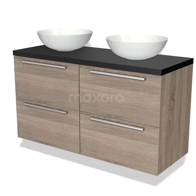 Houten badkamermeubel met dubbele witte waskommen, zwart blad en vier lades; modern design voor stijlvolle badkamers.