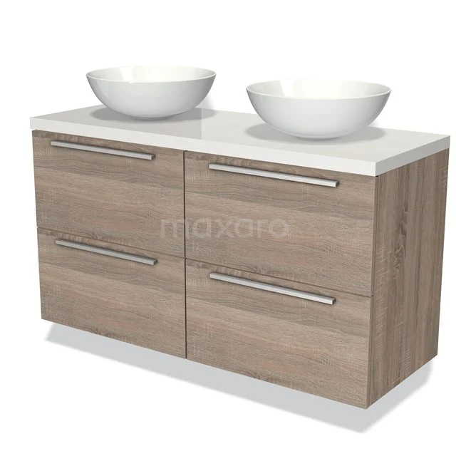 Holz Badezimmermöbel mit Doppelwaschbecken, weißer Keramik und modernen Griffen, ideal für eine stilvolle Badezimmer Einrichtung.