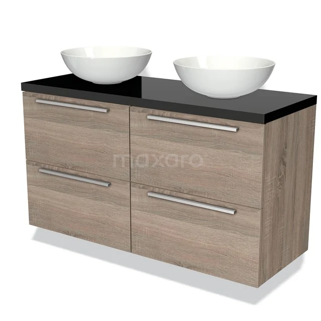 Houten badkamermeubel met twee ronde witte wastafels en zwart blad, modern design met ruime opberglades.