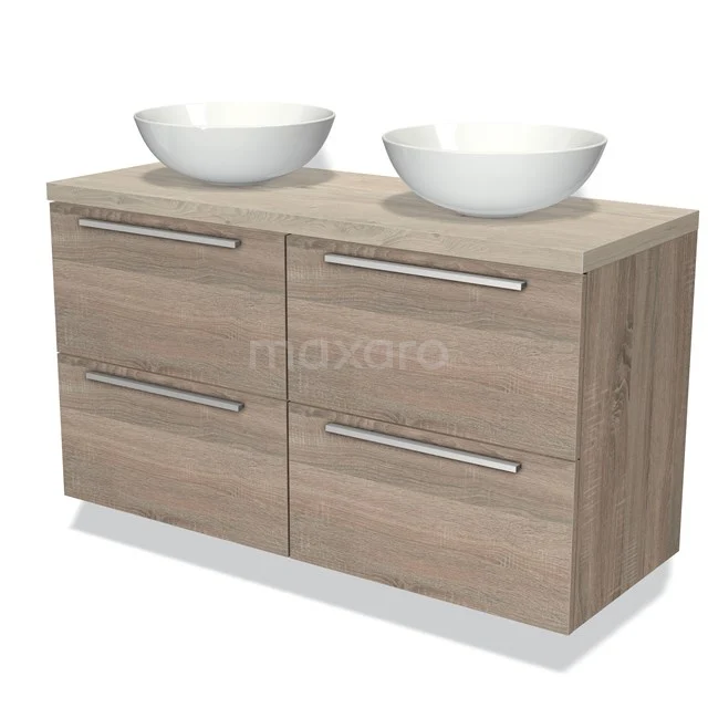 Wooden bathroom unit with two white countertop wash basins, four drawers and a modern finish for a stylish showering experience.