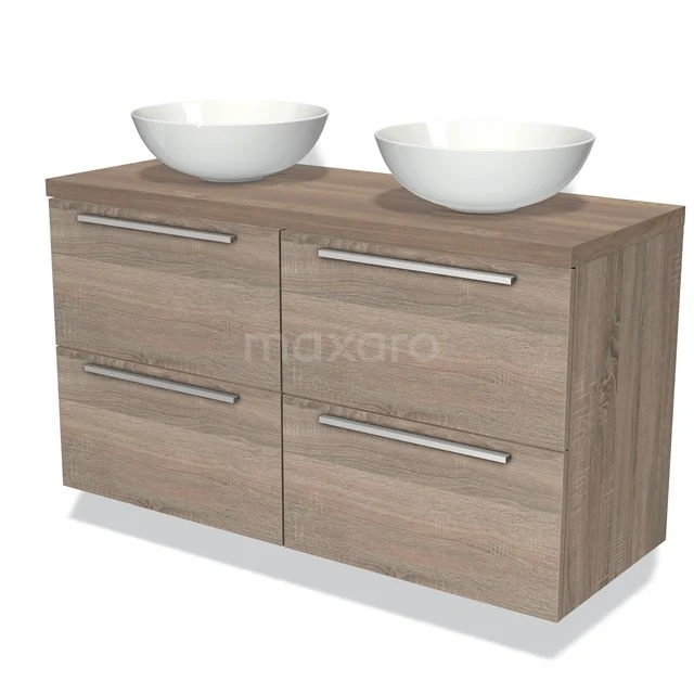 Houten badkamermeubel met dubbel wastafelblad en witte opbouwwaskommen, moderne uitstraling en metalen handgrepen.