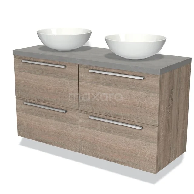Houten badkamermeubel met grijze top, dubbele wastafel en witte kommen; strak design voor moderne badkamers.