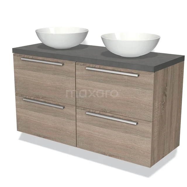 Houten badkamermeubel met twee ronde witte wastafels, antraciet blad en moderne grepen, ideaal voor een dubbele wastafelopstelling.