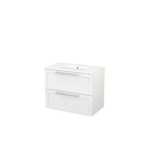 Modulo+ Vanity units with basin | 80 cm High-gloss white Frame front Ceramic 2 Stacked drawers BMP002700 White bathroom unit with two drawers, glossy finish, modern design and built-in vanity units with basin. Perfect for a stylish bathroom.