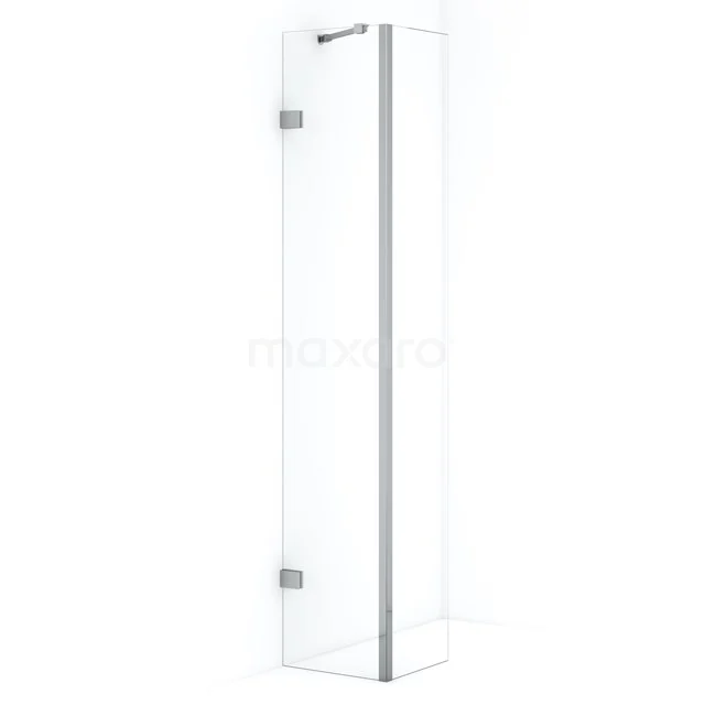 Glass shower screen with hinge, clear glass safety glass, slim aluminium frame, ideal for modern bathroom design.