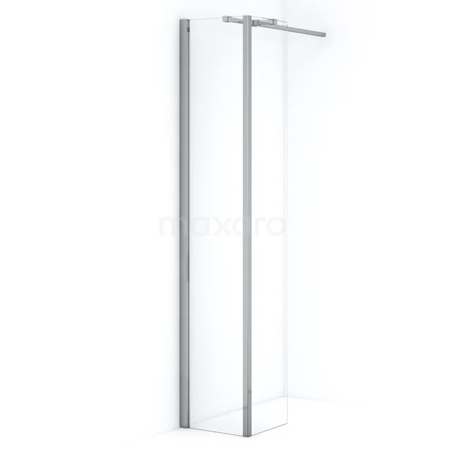 Shower screen with clear glass and silver frame, minimalist design, ideal for modern bathroom fittings.