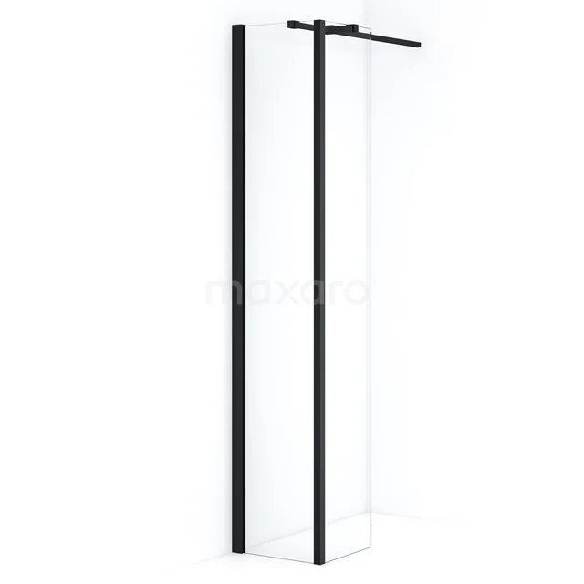 Matte black walk-in shower glass wall with sliding door, minimalist design, ideal for modern bathrooms, durable aluminium frame.