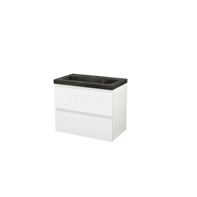 Weißes Badezimmermöbel mit zwei Schubladen und einer schwarzen Waschtischplatte, modernes Design aus der Badlux-Serie.