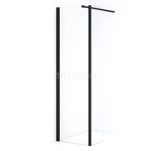 Matte black walk-in shower enclosure with clear glass and a stabilising bar, ideal for a modern bathroom style.