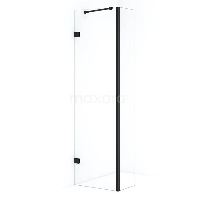 Matte schwarze Duschwand, strakes Design aus Glas und Aluminium, ideal für ein modernes Badezimmer.