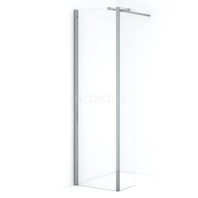 Walk-in shower with clear glass, aluminium profile and stabilising bar; contemporary shower screen for modern bathrooms.