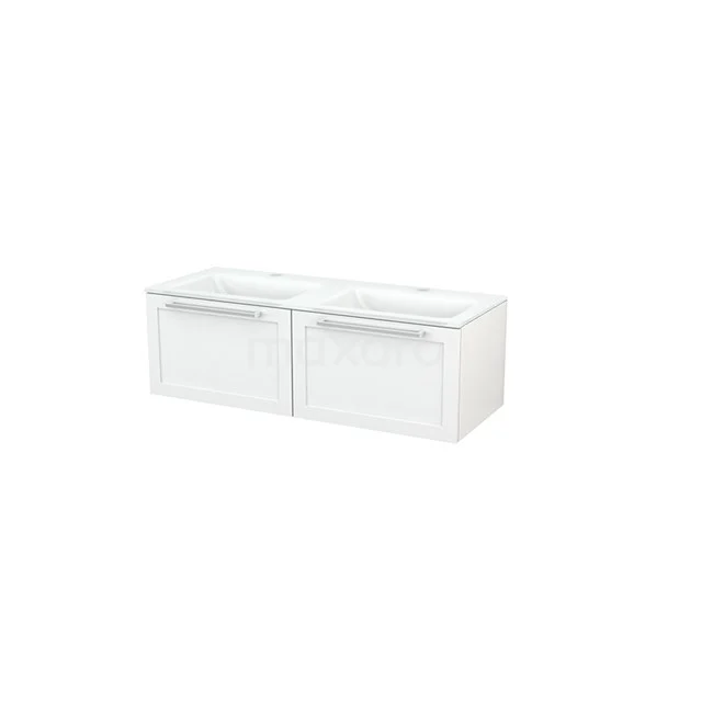 Modulo+ Bathroom furniture with sink | 120 cm High-gloss white Frame front Glass 2 Side-by-side drawers BMP003612 White bathroom unit with two drawers, sleek design, wall-mounted, ideal for modern bathrooms.