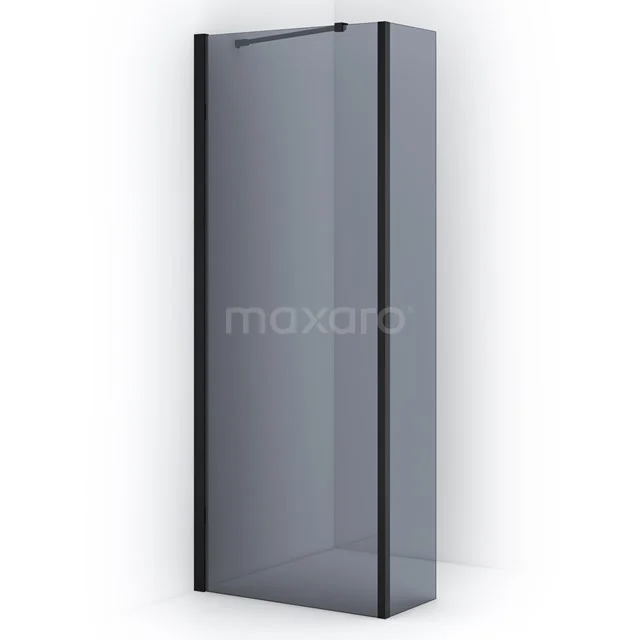 Schwarze Duschwand mit mattschwarzem Rahmen und dunklem getöntem Glas, ideal für eine moderne Badezimmer Einrichtung.