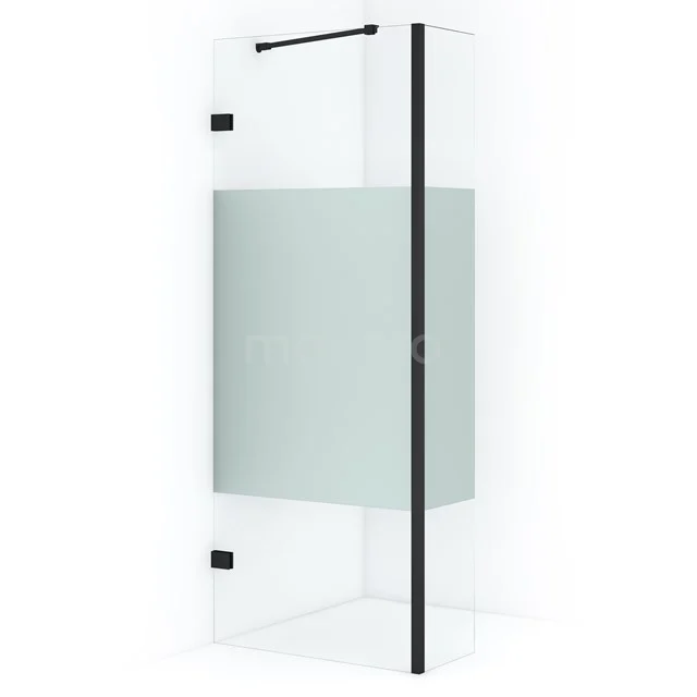 Duschwand mit Mattglasstreifen, schwarzes Aluminiumprofil, elegantes Design, ideal für moderne Bäder.