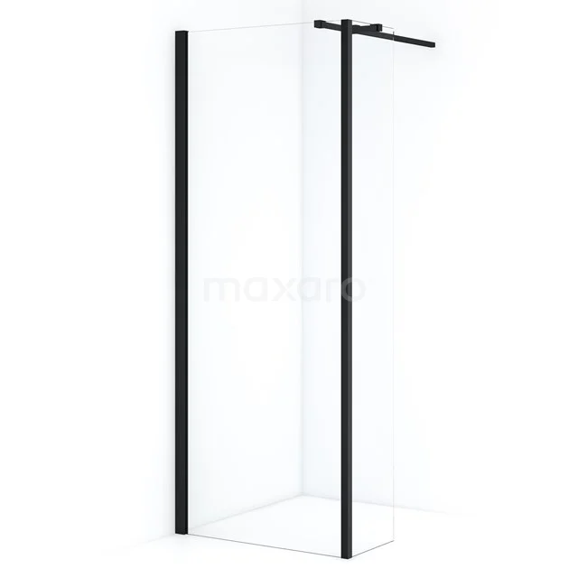 Schwarze begehbare Dusche mit klarer Glaswand, minimalistisches Design und Matt Schwarz Aluminium Profile für moderne Bäder.