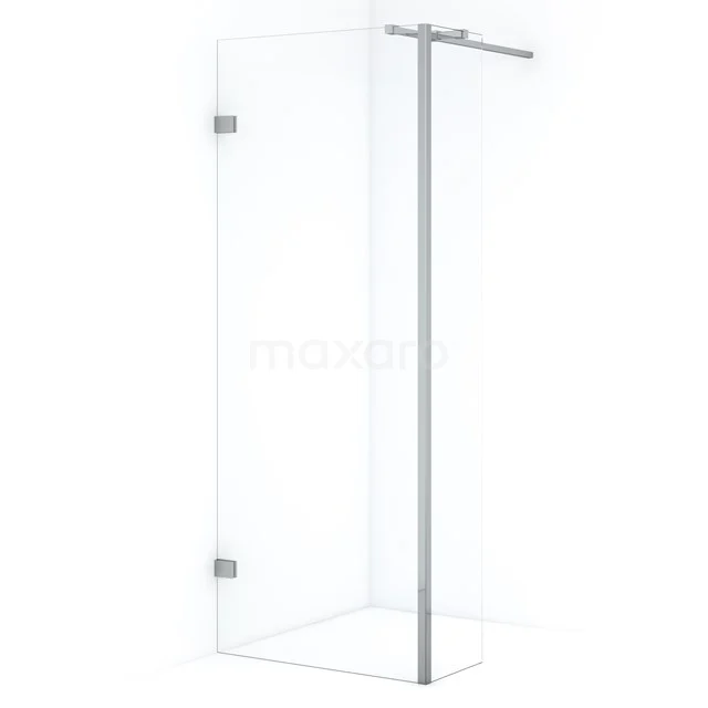 Clear glass shower screen with pivot door, silver aluminium details, ideal for modern bathrooms.