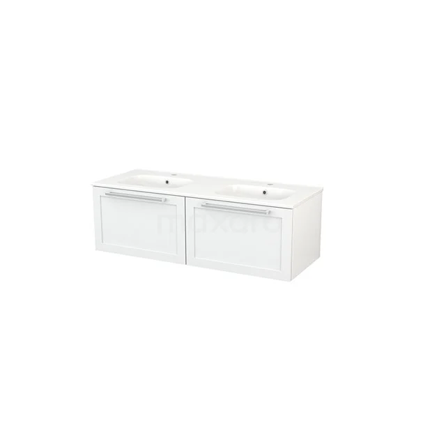 White double vanity unit with glossy finish, sleek design and two drawers, ideal for modern bathrooms.