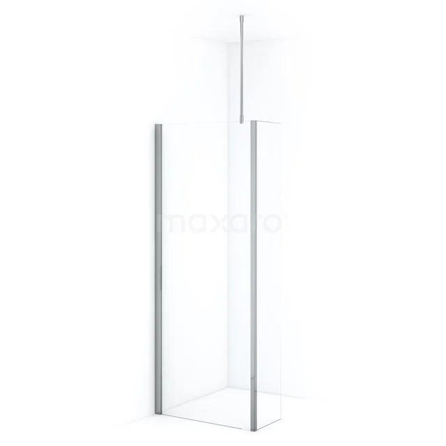 Shower screen with clear glass, aluminium profiles and minimalist design; ideal for modern bathroom design.