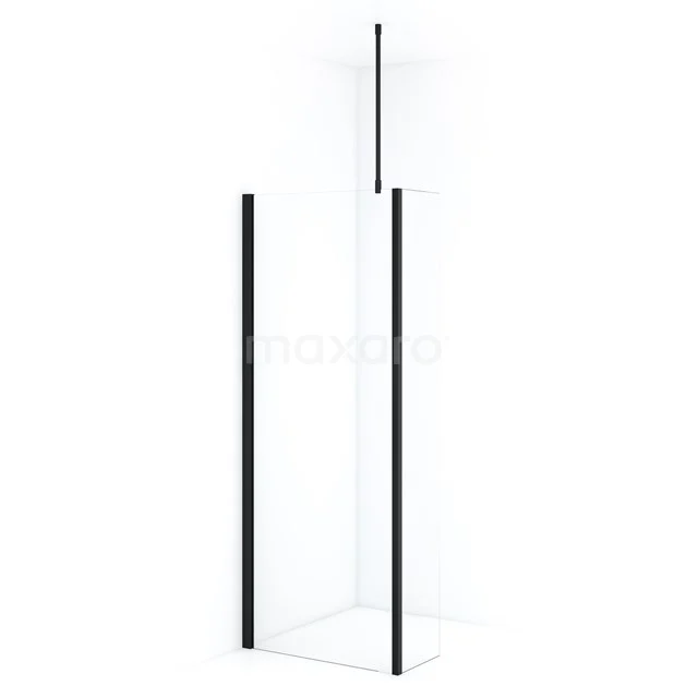 Black shower screen with sleek design, glass panels and minimalist lines, perfect for a modern bathroom.
