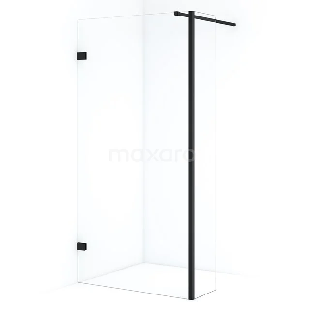 Diamond Walk-in shower | 90 cm Matte black Clear glass Fixed wall with side panel IDC0903120MB Shower enclosure with matte black frame, clear glass and pivot door, modern bathroom style, suitable for various interior designs.