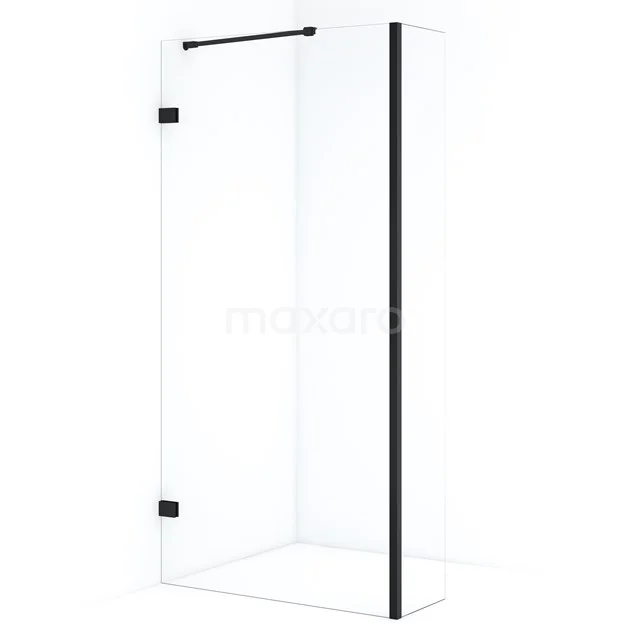 Black shower screen with clear glass and minimalist design, perfect for a modern bathroom.