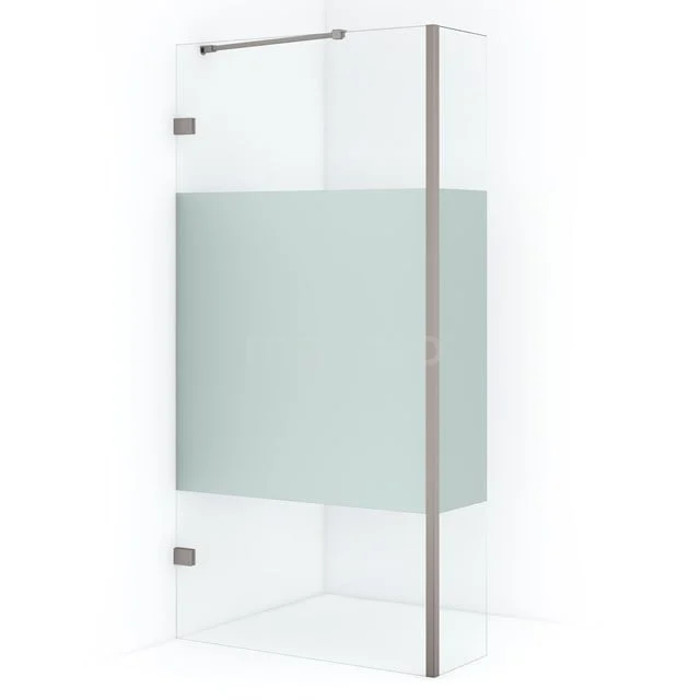 Glas Duschwand mit mattem Detail, Eckaufstellung und rostfreien Profilen. Modernes Badezimmerdesign.