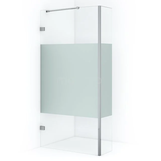 Shower screen made of clear glass with frosted glass strip, aluminium profile and minimalist design for a modern bathroom.