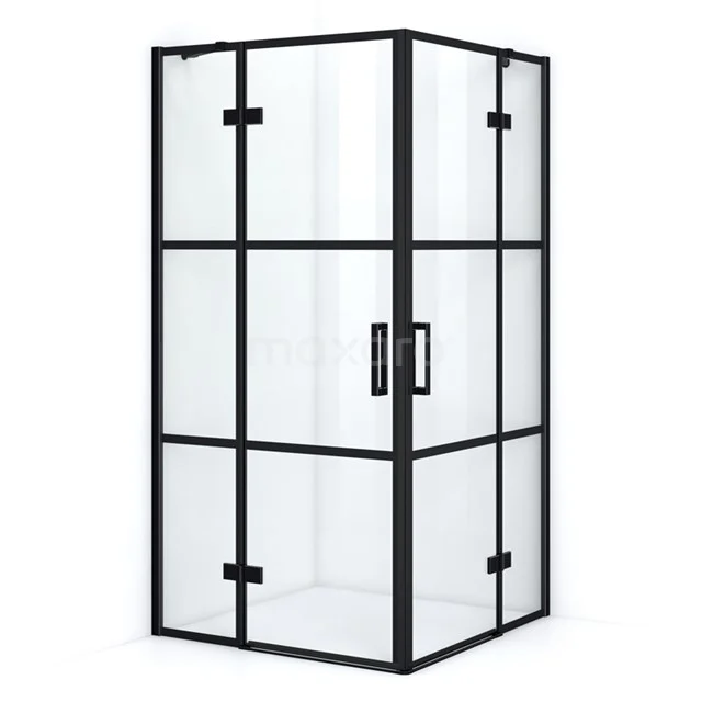 Black and white industrial shower enclosure with matte black profiles and clear glass panels, modern bathroom design.