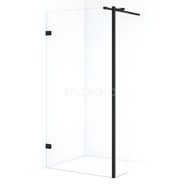 Glass shower screen with black frame and corner design, modern bathroom accessory made of high-quality materials for a stylish look.