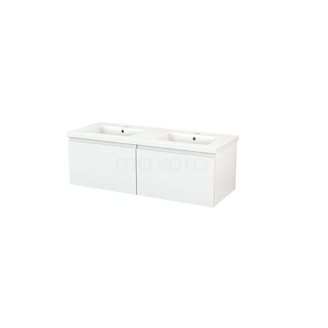 Modulo+ Bathroom furniture with sink | 120 cm High-gloss white Handle-less front Ceramic 2 Side-by-side drawers BMP003627 White double basin bathroom furniture set with two integrated basins, sleek design, perfect for modern bathrooms.