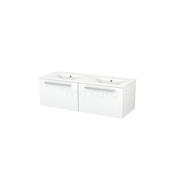 White double vanity unit with clean lines, two ceramic sinks and modern handles, perfect for any bathroom.