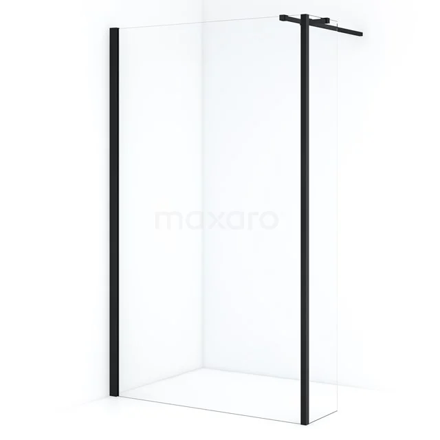 Schwarze begehbare Dusche mit Klarglas und mattschwarzen Profilen, modernes Design, ideal für ein stilvolles Badezimmer.