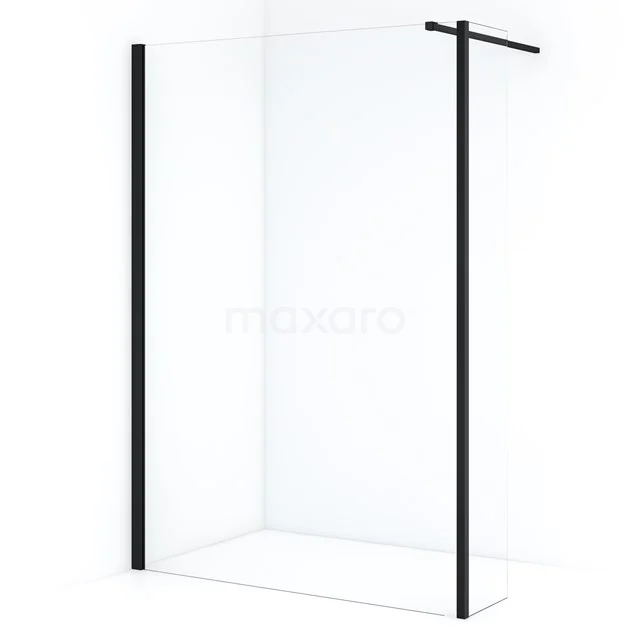 Schwarz-matte begehbare Dusche mit klarem Sicherheitsglas, minimalistisches Design, ideal für ein modernes Badezimmer.