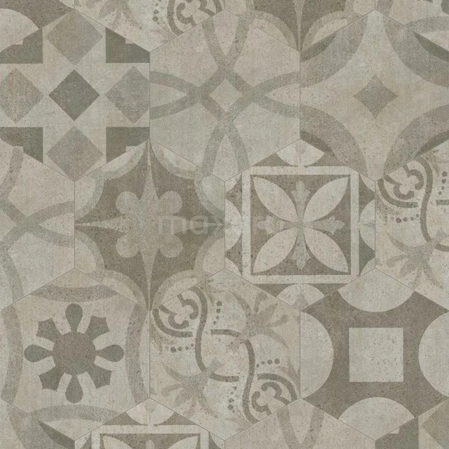 Grey bathroom tile with vintage pattern, ceramic material, ideal for atmospheric and decorative bathroom floors.